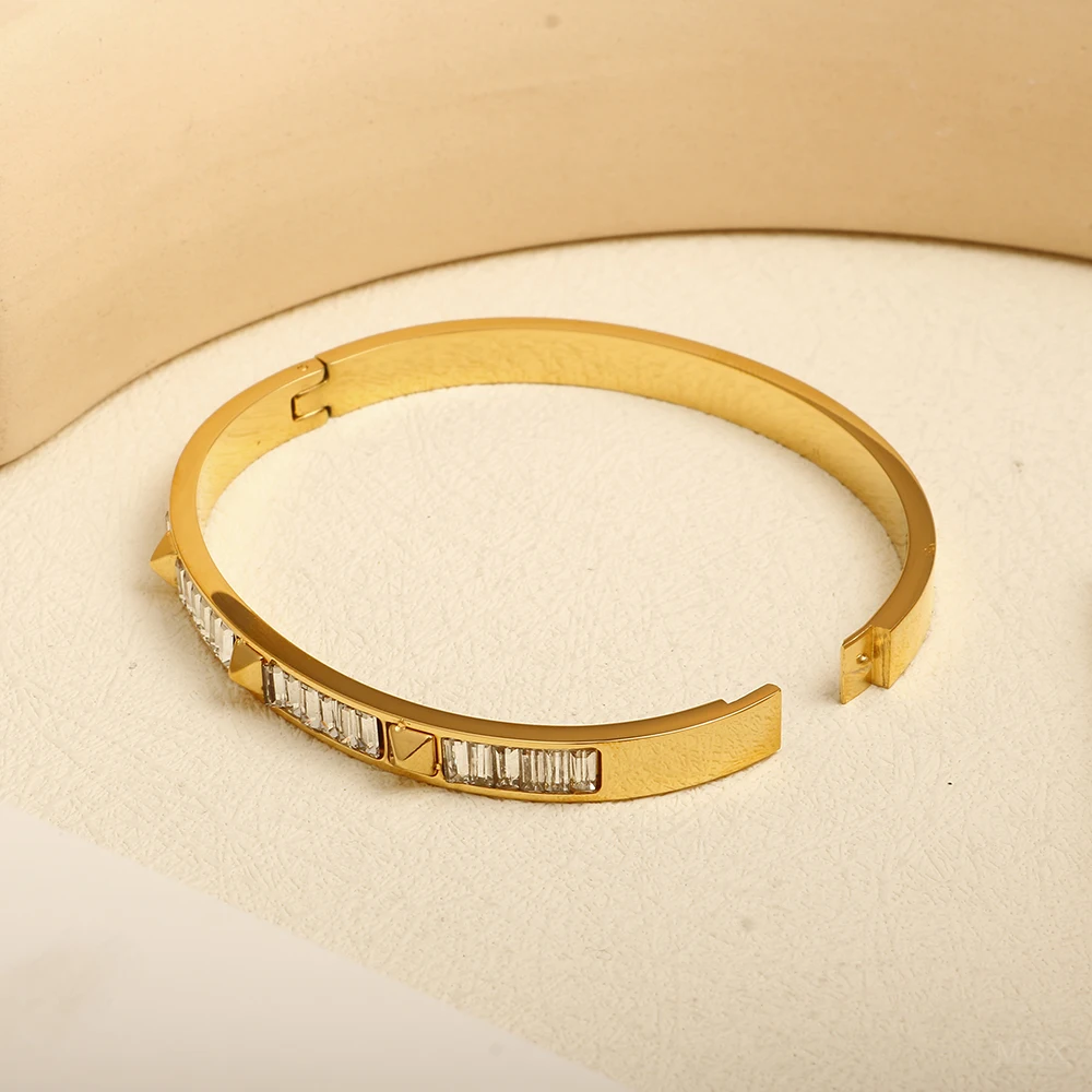 JOVO LOVE Triangle Crystal Bangle Stainless Steel Gold Color Waterproof Wide Cuff Bracelet For Women Jewelry Accessories 4