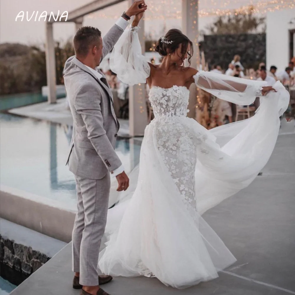 

Aviana Elegant Strapless Wedding Dresses 2023 Detachable Train Puff Sleeves Lace Backless Simple Bridal Gown Vestido De Noiva