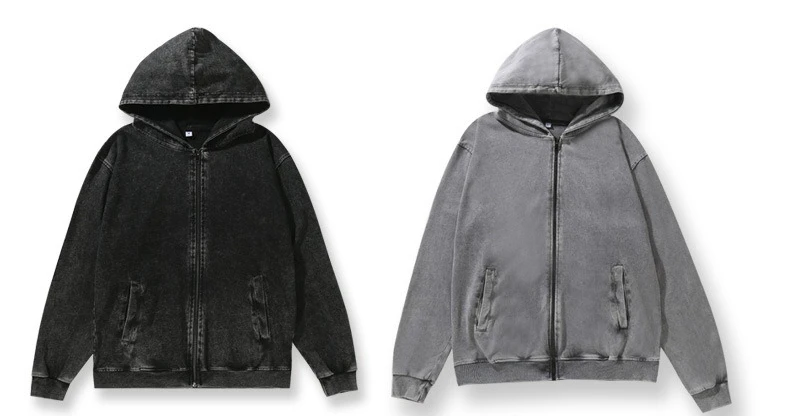 300gRetro Water - Washed Hooded Zip - Up Sweatshirt: 100% Cotton Loose Fit, Tailored Unisex, Loose Casual Sweatshirt
