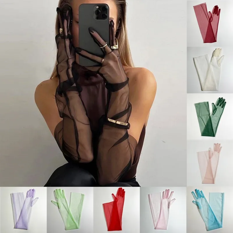 

Vintage Sunscreen Gloves Women Dress Mittens Women Ultra Tulle Gloves Mesh Full Finger Elbow Solid Color Long Gloves