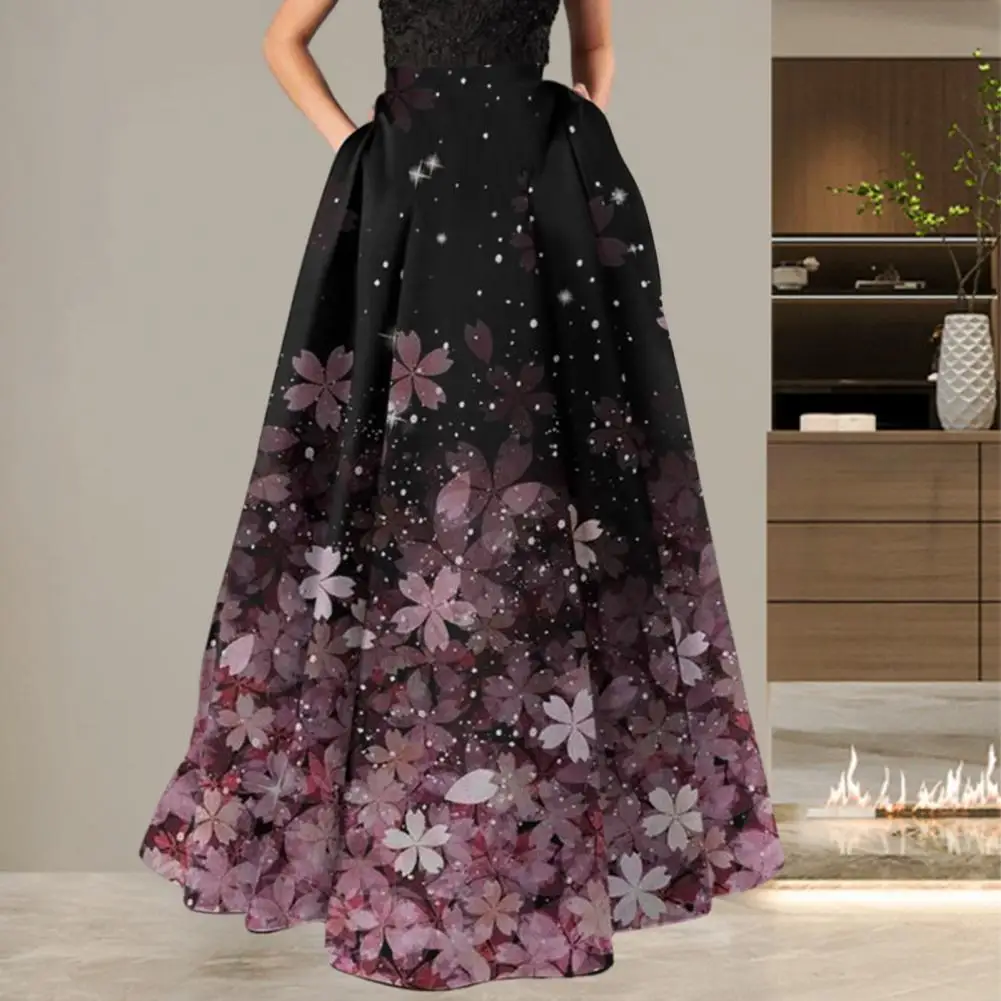 

High-waisted Long Skirt Polyester Spandex Skirt Flower Print High Waist Maxi Skirt for Women A-line Big Swing Bohemian Party