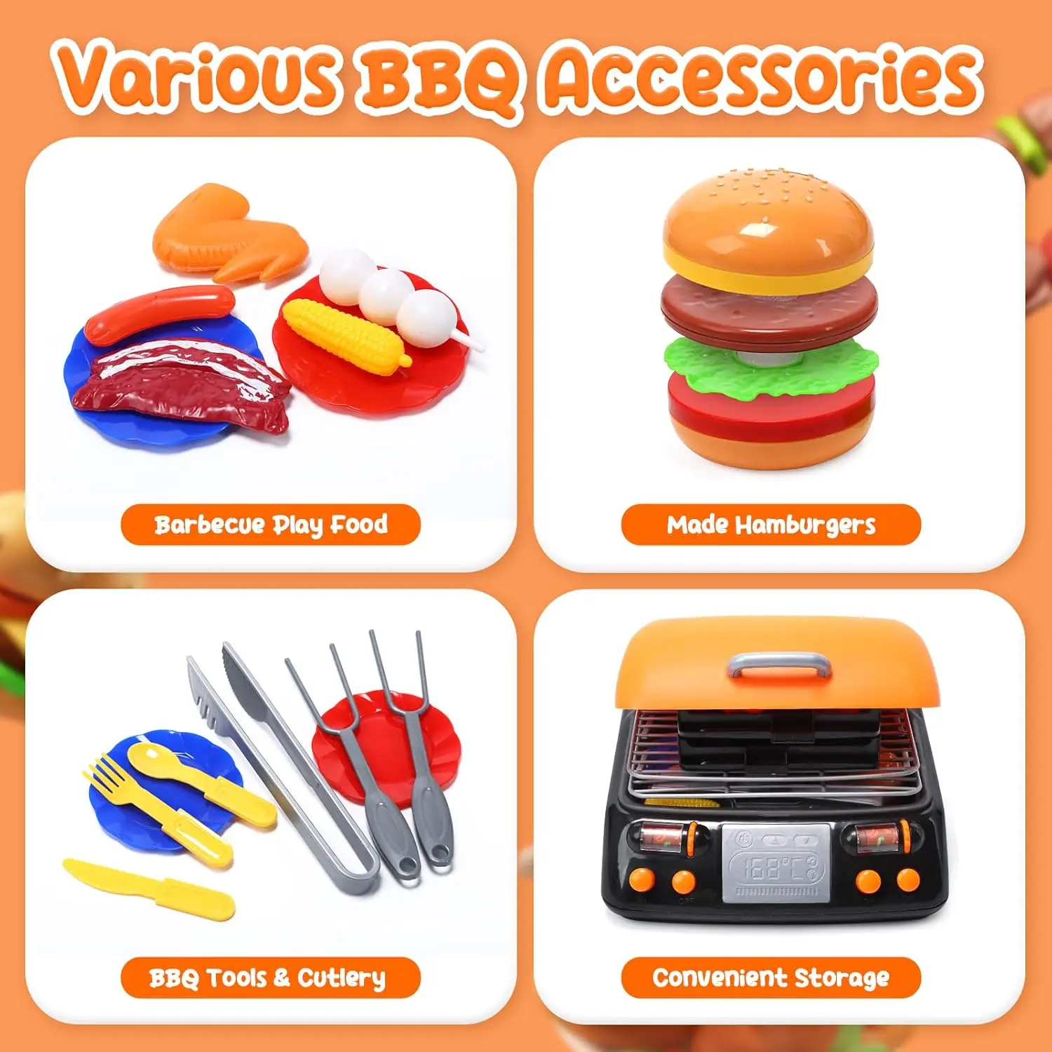 CUTE STONE 2-Layer BBQ Toy Set, Kids Grill with Food, Smoke Sound & Light, Camping BBQ Gift 2
