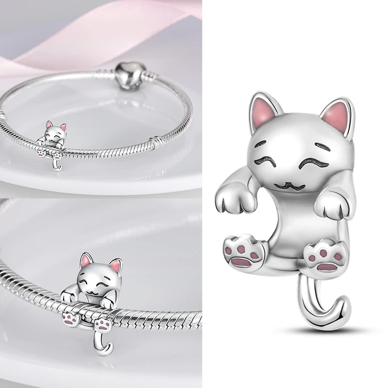 Animal Silver 925 Cute Akita Dog Cat Charms plata de ley Pet Doggy Bone Paw Print Schnauzer Bead Original Bracelet Jewelry
