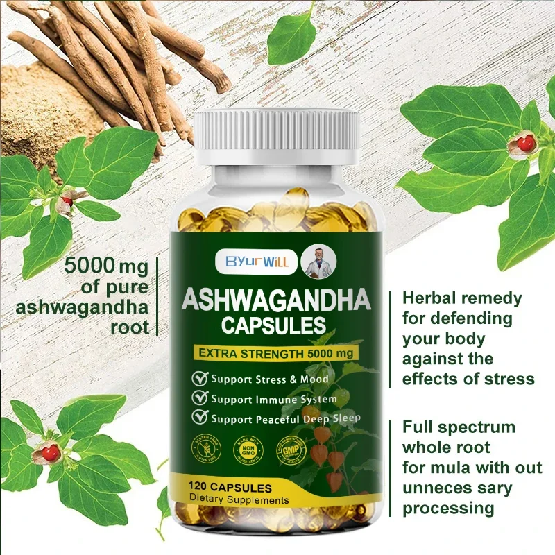 Pure KSM 66 Ashwagandha Root Extract Capsules 5000mg Supplement Help Stress Focus Brain Energy Support Sleep Health