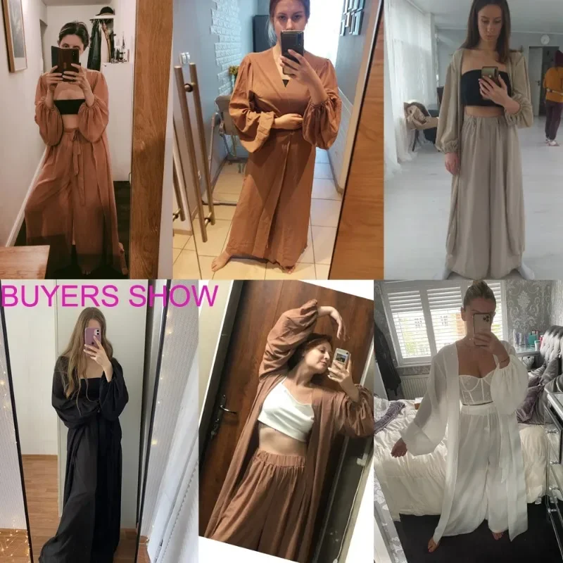 Women 3 Piece Sets Fashion Casual Lantern Sleeve Cardigan Tops+Wide Leg Pants Suits Lady Spring Soft Three Piece Outfit OFE07