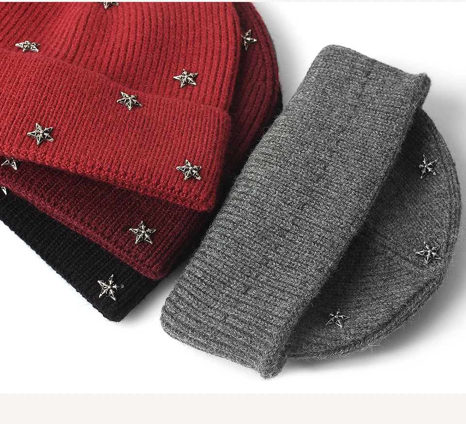 Frauen Gold Silber Stern gestrickt Winter Mütze Mode solide Herbst warm lässig Schädel Mützen weibliche weiche dicke gerollte Hüte – Detail 11