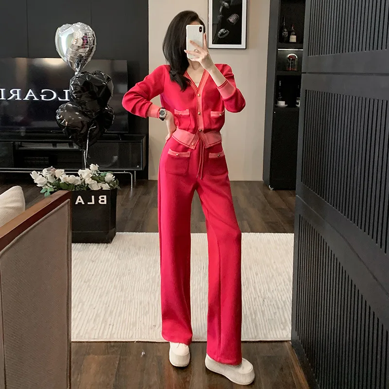 

Women's Spring pants Suit 2 pieces set 2024 New Fashion High-Grade Casual Knitted top and knit Wide-Leg Pants Two-Piece Suit