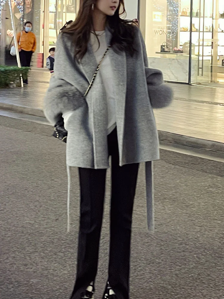 BZVW High End Double-sided Wool Strapping Coat Women's Removable Cuffs Fox Fur Temperament Double-sided Cashmere Short Jacket 2