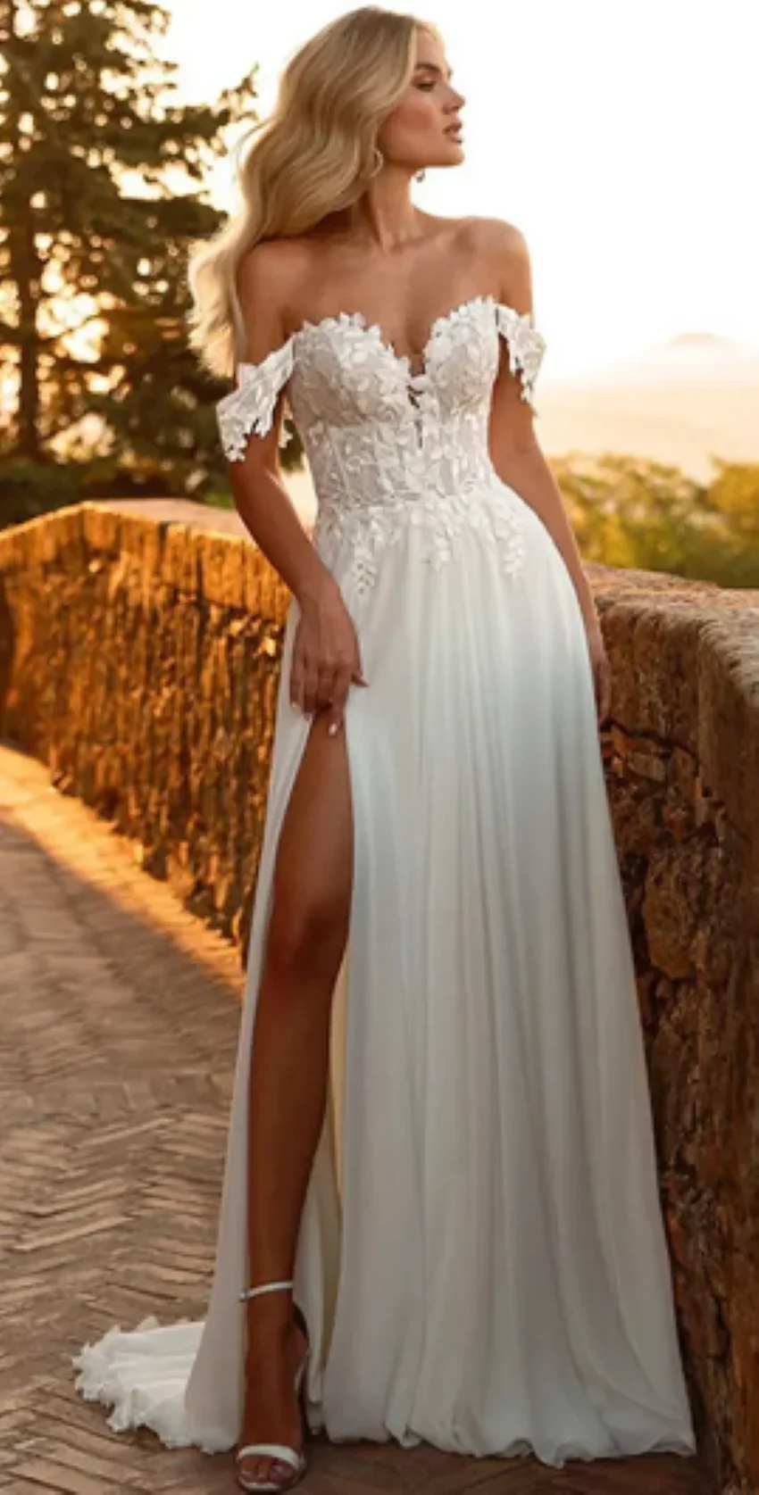 

Шифоновое кружевное пляжное платье А-силуэта с открытыми плечами, длиной до пола, свадебные платья в стиле бохо, 2024