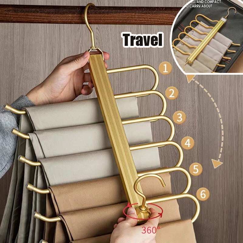 Clothes hangers plastic hanger 6 in 1 Magic Pants Hanger Multi-function Storage Holder for Home Travel Multi Layer Aluminium Pants Rack with 360 Rotatable Hook