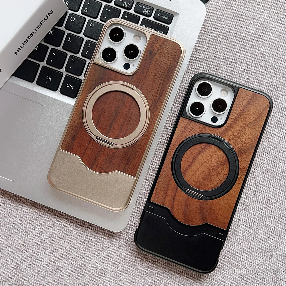Alloy Wood Hybrid Phone Case with 360° Rotating Metal Stand and Magnetic Matte Finish