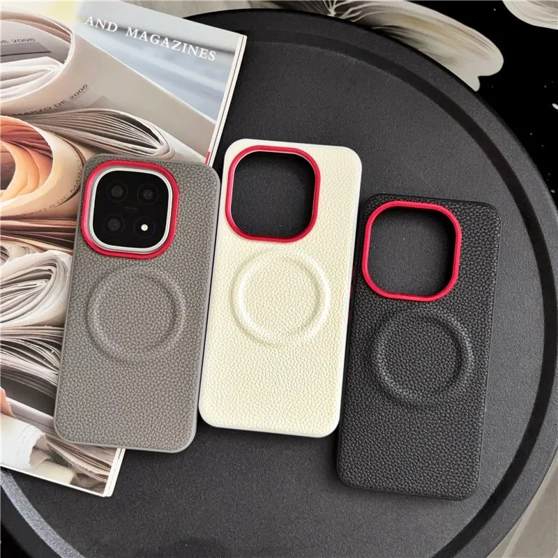Luxury Magnetic Lychee Pattern PU Leather Non-Slip Case with Metal Camera Frame