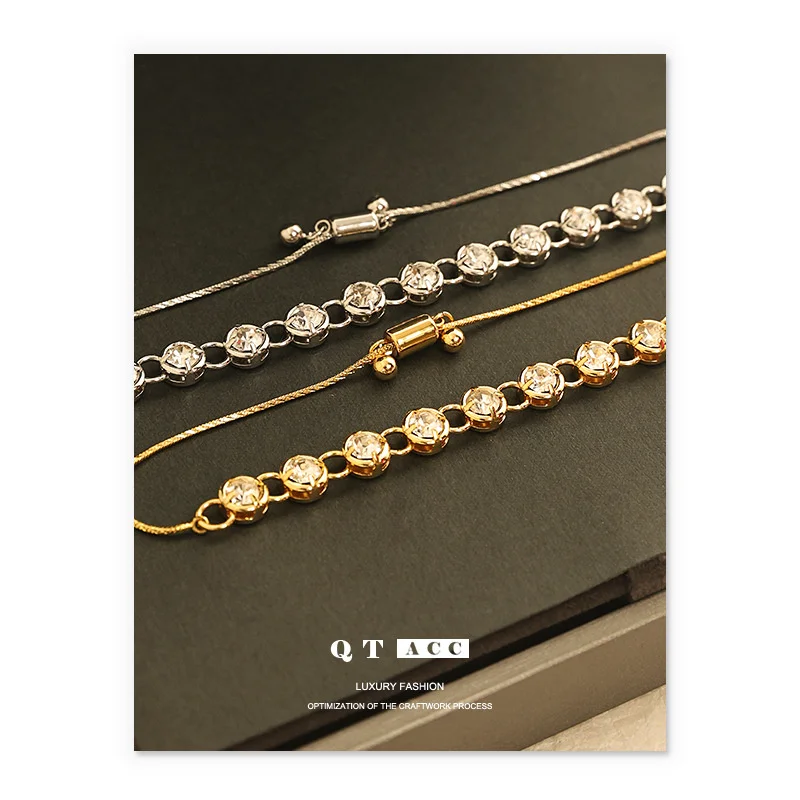 

Brass Plated 18K True Gold/Platinum Ins Style Spring/Summer New Shiny Rhinestone Inlaid Pullable Bracelet Handpiece for Women