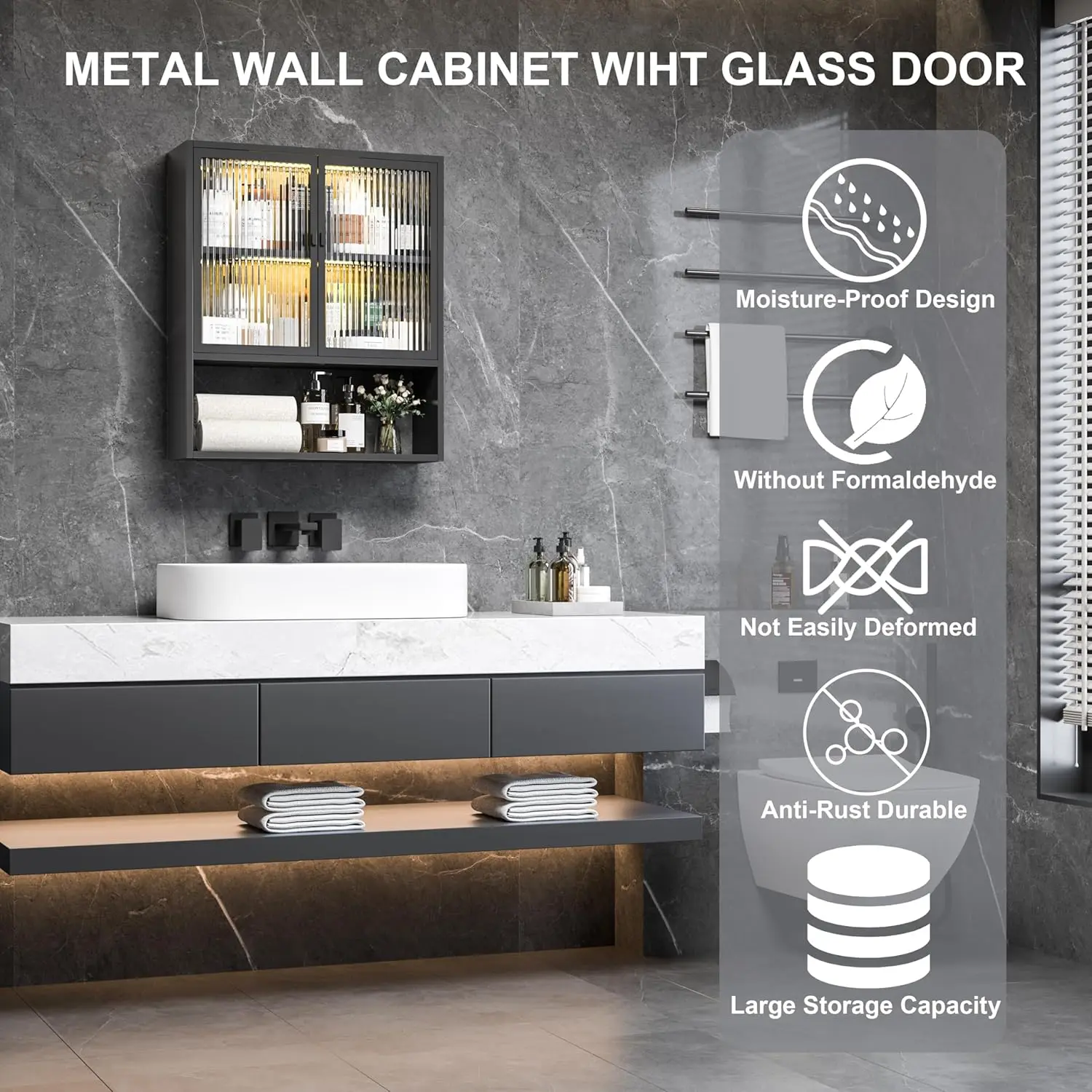 Metal Medicine Cabinets with Glass Doors ,Wall Cabinet Over The Toilet,Black Hanging Cabinet for Bathroom Kitchen Laundry Room