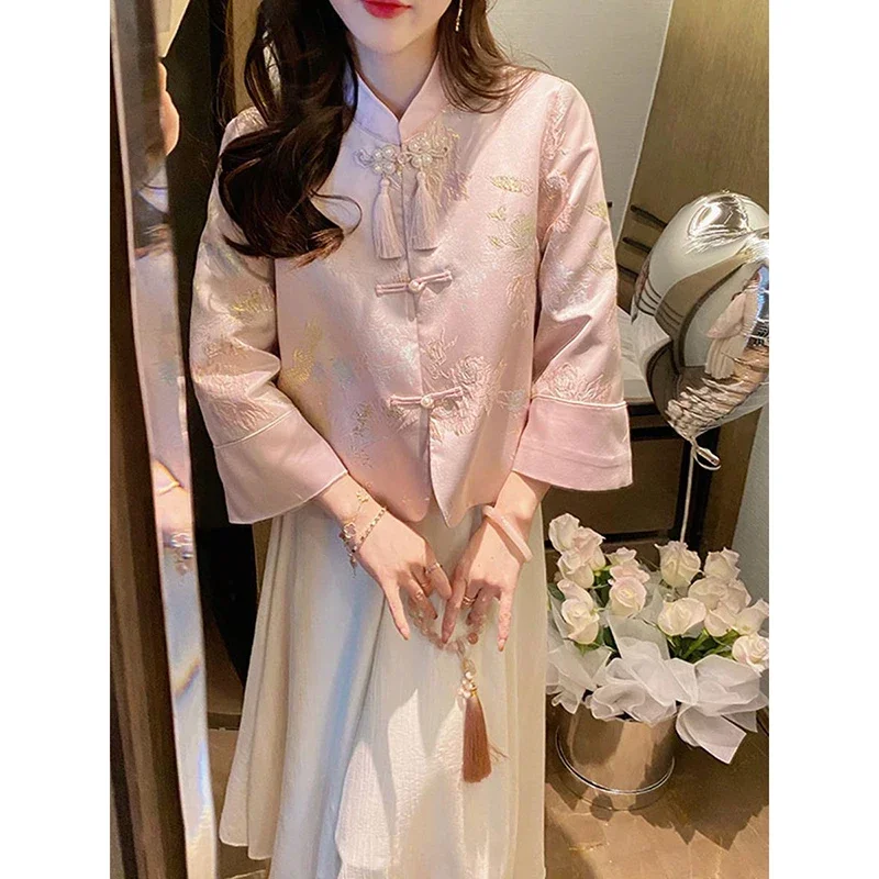 Sweet Vintage Stand Collar Floral Embroidery Tassel Long Sleeve Tang Suit Jacket Women Chinese Elegant Blue Slim Shirt
