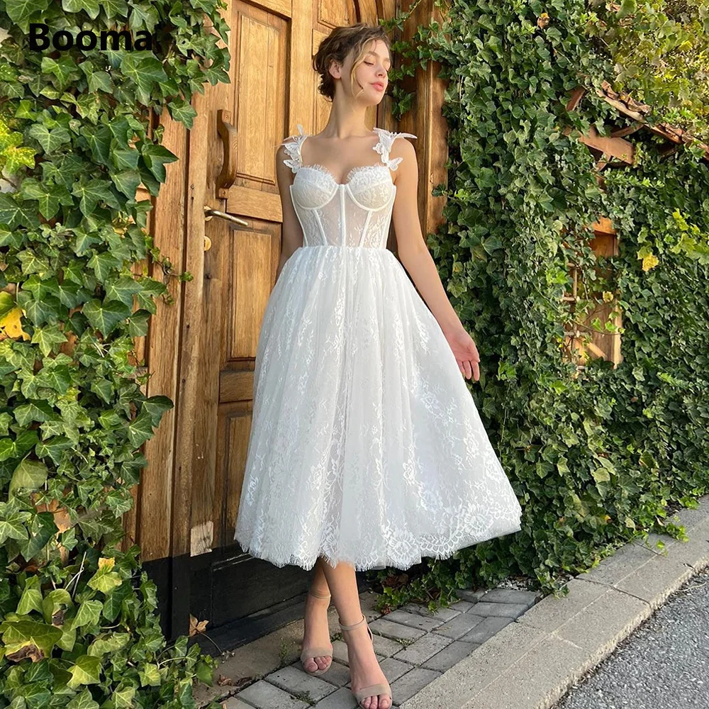 

Booma Ivory Lace Midi Prom Dresses Sweetheart Butterfly Straps Tea-Length A-Line Short Wedding Party Dresses Lace Up Back