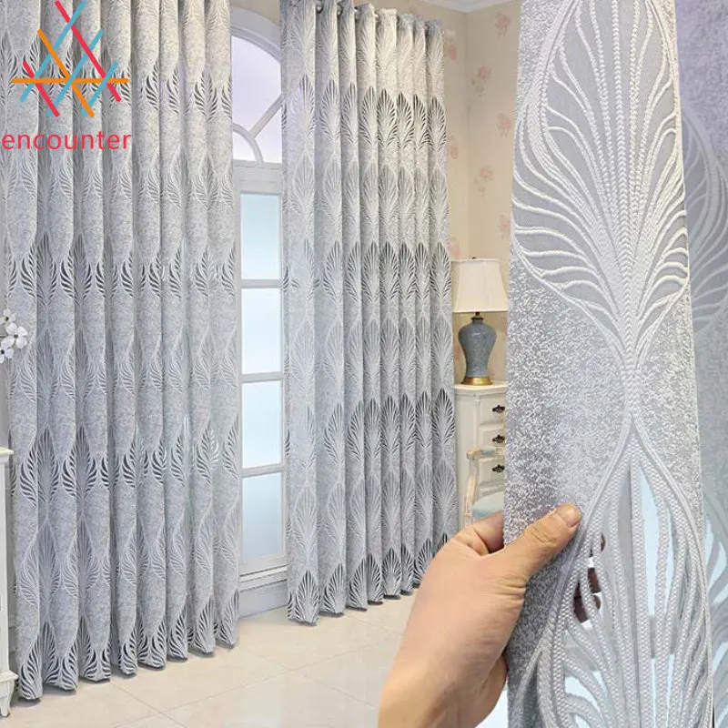 

Grey Geometric Jacquard Modern Curtains for Living Dining Room Bedroom Semi-Blackout 3D Leaves Tulle/Yarn Window Drapes