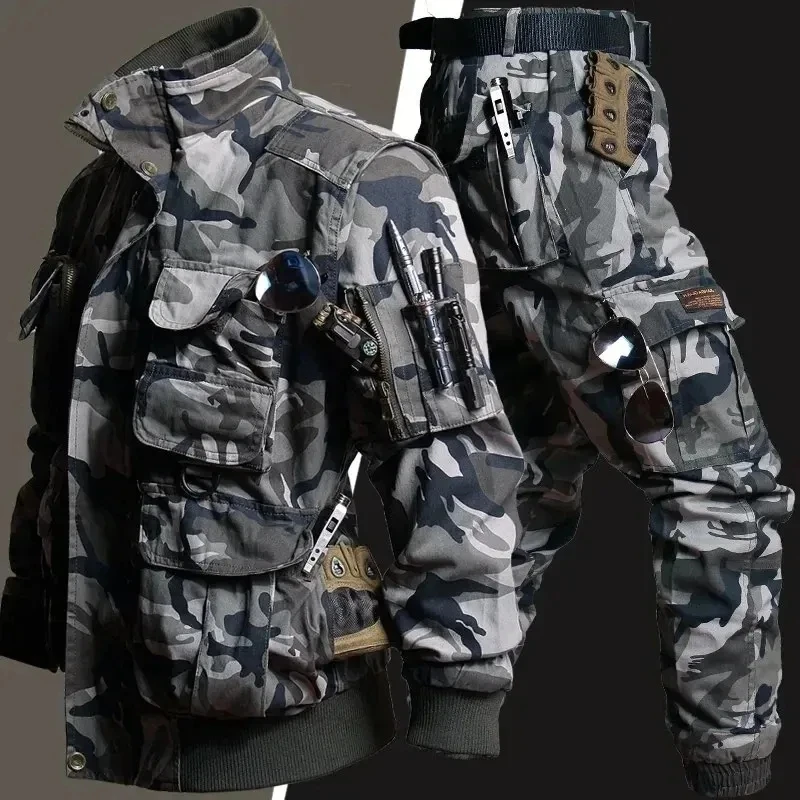 Tactical Cargo Sets Mens Soft Shell Multi-pocket Camouflage Hunting Suit Outdoor Hiking Training Combat Charge Two-piece Set