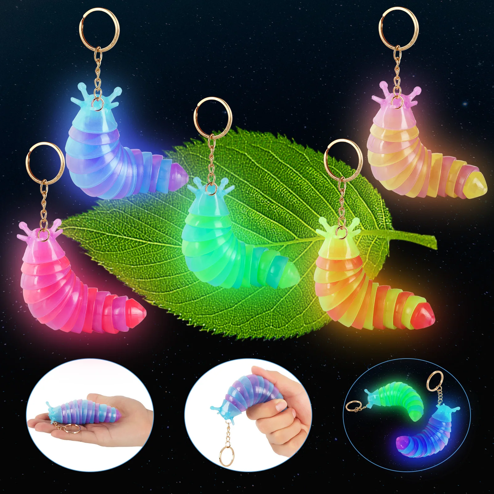 5Pcs Fidget Slug Keychain Glow in Dark 3D Multicolor Snail Sensory