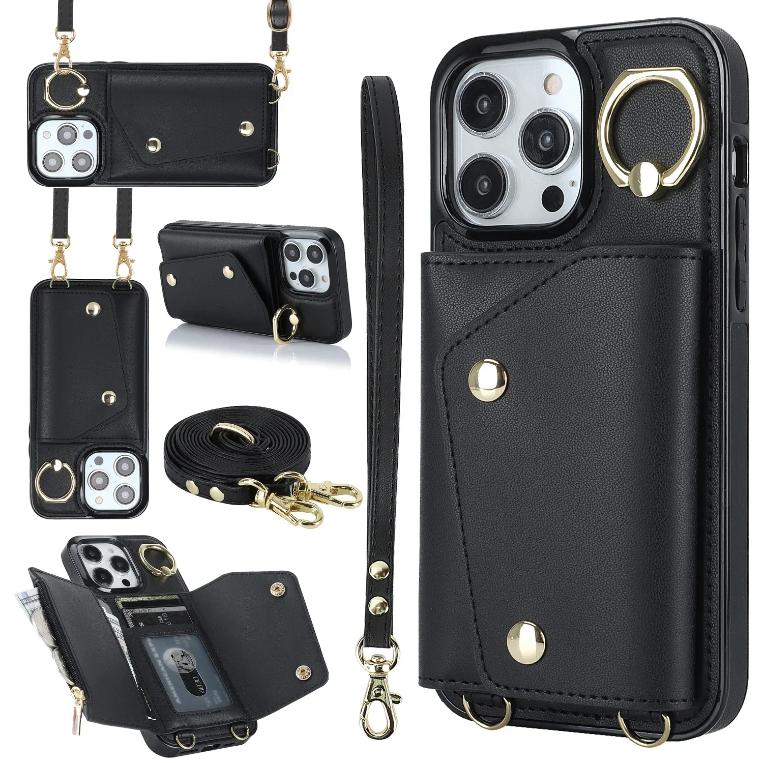 thumbnail image 1 of Funda de teléfono de cuero con tarjetero y correa para la muñeca con cordón cruzado para iPhone 16 15 14 11 Pro Max XS XR 7 8 Plus 13 12 Mini, 1 of 5
