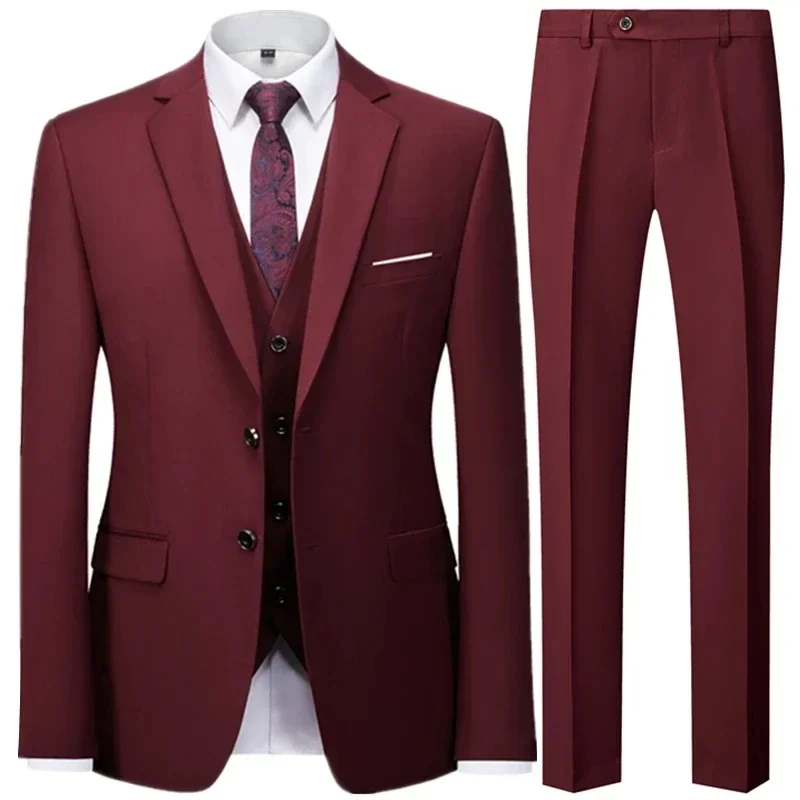 Men Casual Business Suit 3 Pieces Set Male Dress Blazers Jacket Two Button Blazers Trousers Pants Vest Waistcoat mens suit