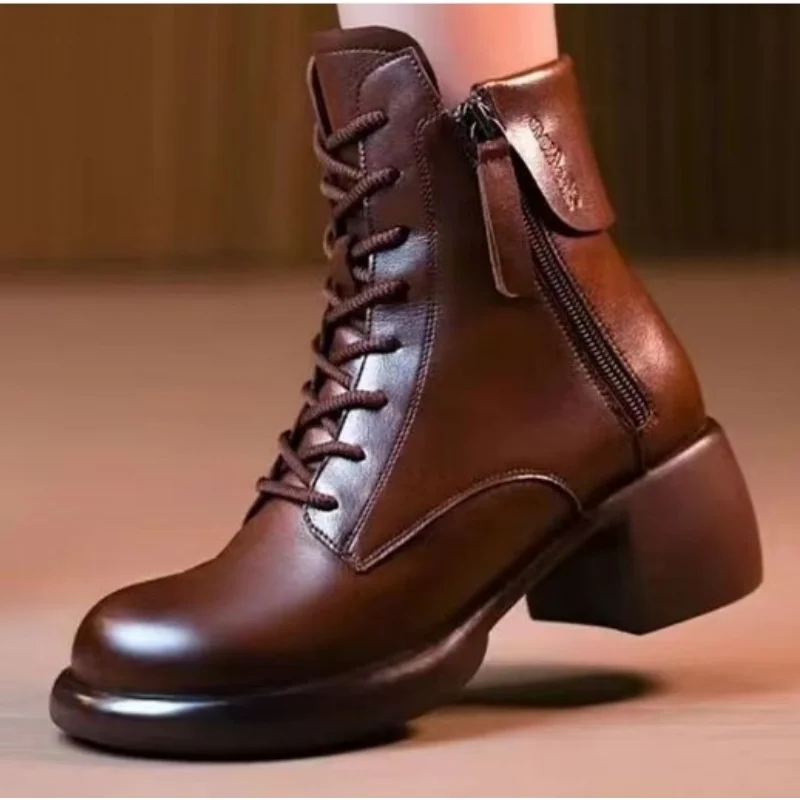 Hot Sale Women  Boots 2023 New Winter Popular Side Zipper PU Snow Boots Thicken Heel Vintage Waterproof  Ladies Boots