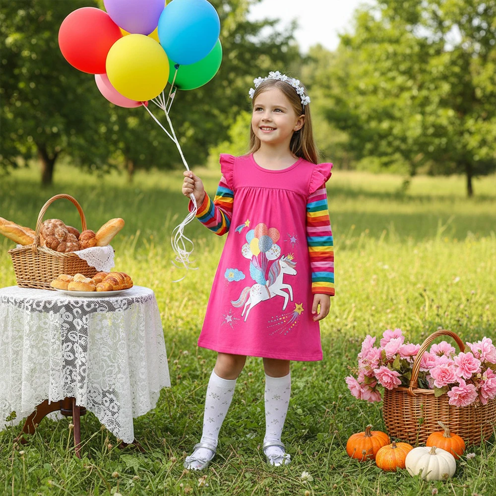 DXTON Herbst Kinder A-line Kleid Gestreiften Regenbogen Kinder Casual Kleid Licorne Schule Kinder Outfit Mädchen Cartoon Urlaub Kleidung – Detail 2