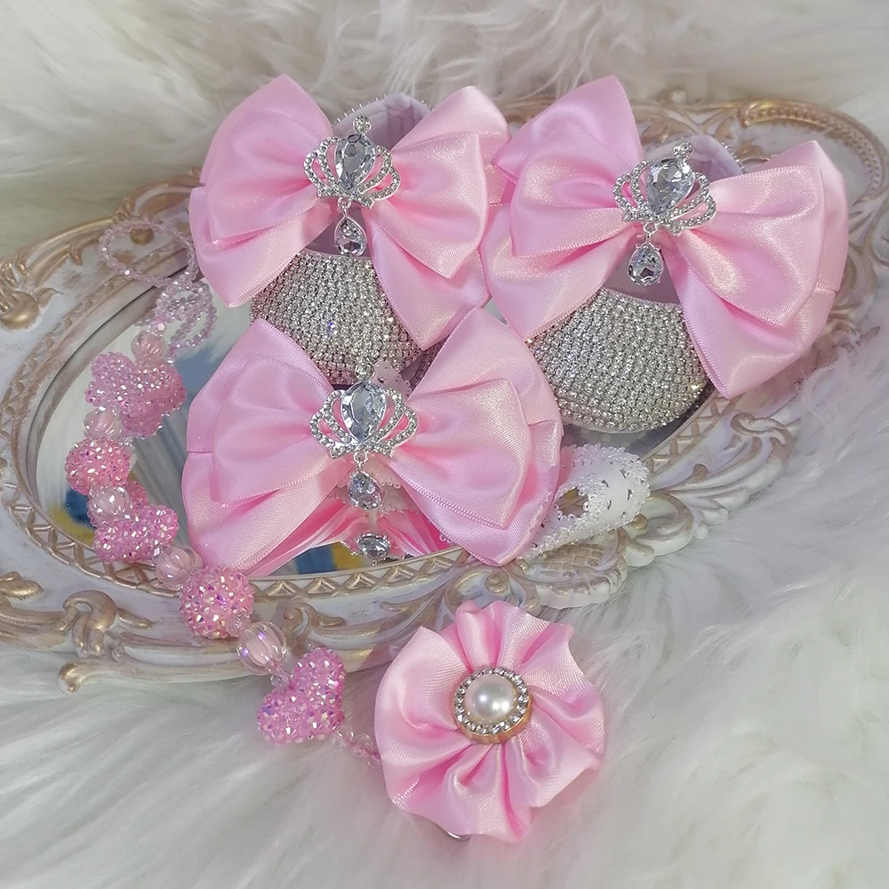 Handmade Bow Rhinestones Baby Girl Kids Shoes Hairband Pacifier Clip Comb First Walker Sparkle Bling Crystals Shower Gift 5