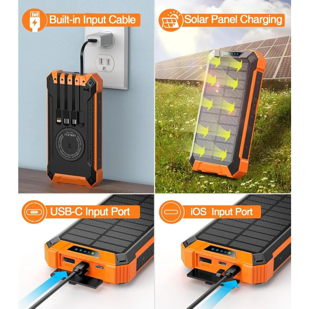 Fast Charging Mobile Power Bank, Wireless Charger, Solar Portable Charger, Dual Flashlight, 36000mAh, 15W 5