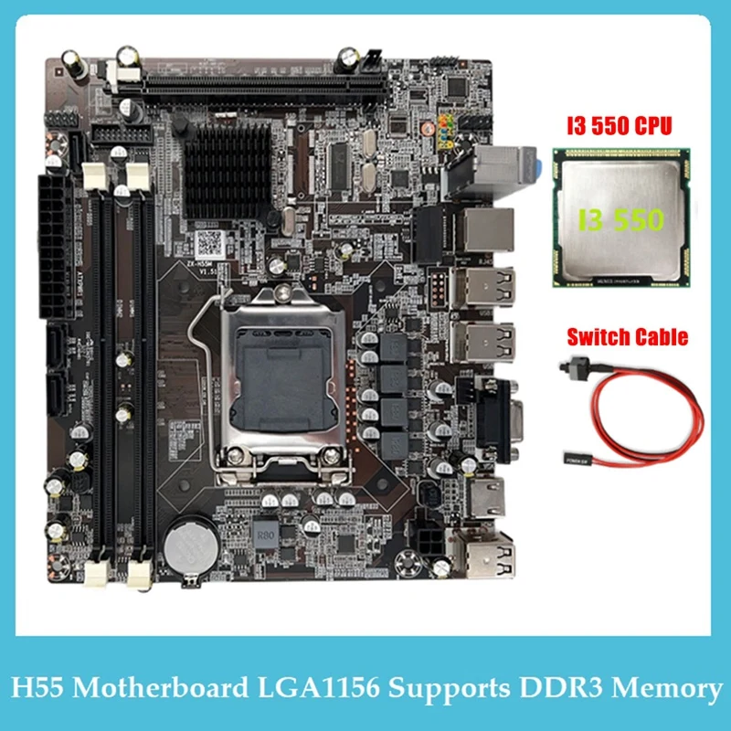 

H55 Motherboard LGA1156 Supports I3 530 I5 760 Series CPU DDR3 Memory Computer Motherboard +I3 550 CPU+Switch Cable Parts Kit