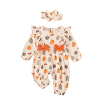 Citgeett Autumn Halloween Infant Baby Girl Romper Pumpkin Print Ruffled Long Sleeve Jumpsuit Bow Headband Clothes 6