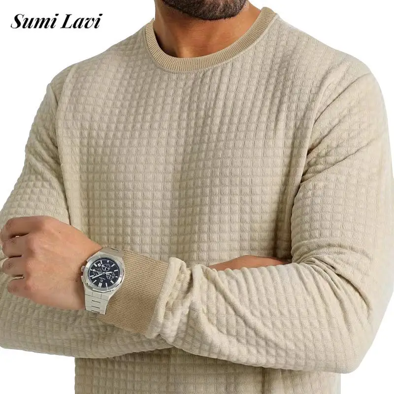 

Autumn Casual Waffle T-shirts Men Leisure Loose O Neck Long Sleeve Plain Solid Color T Shirt Vintage Mens Clothes Pure Color Top