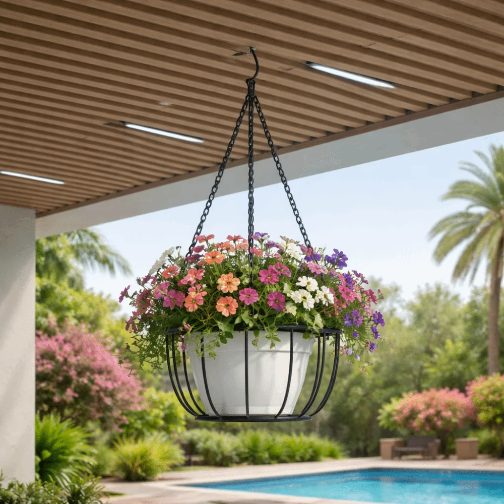 Vintage-Style Iron Hanging Planter with Chain - Round Pot Tray Holder