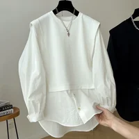 plus Size Women's Long Sve irt Design Sense Patchwork Fake Two-Piece Doll Top Large Size Inner Wear Korean Sle round Ne