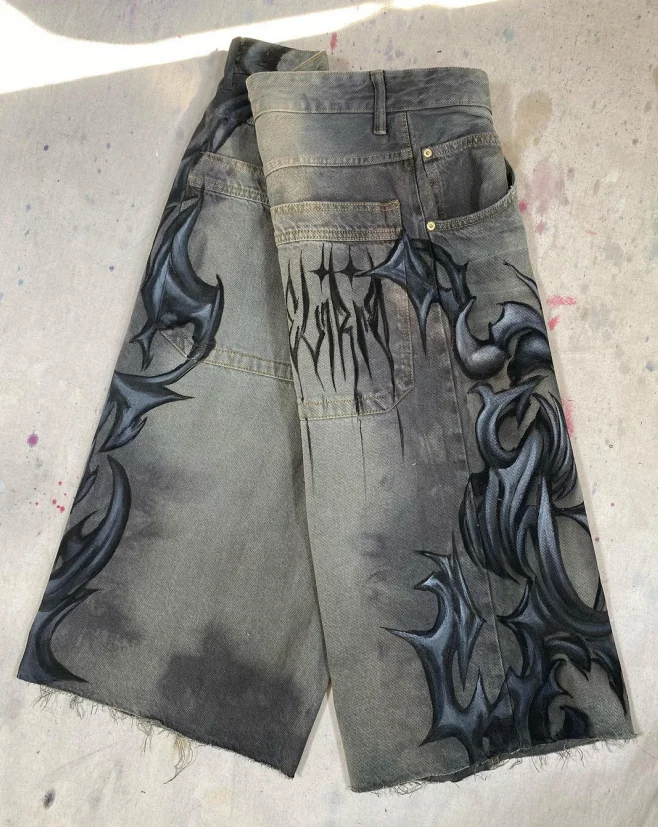 Denim Shorts Sfumato dark pattern loose washed old blue hip hop street men's zipper straight wide leg niche casual printed denim cut shorts denim shorts summer jeans shorts