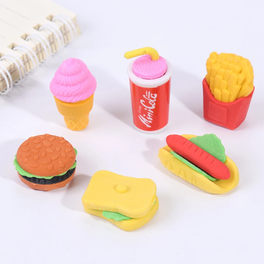 6 Pcs/set Cute Kawaii Hamburger Food Drink Cola Rubber Eraser Set