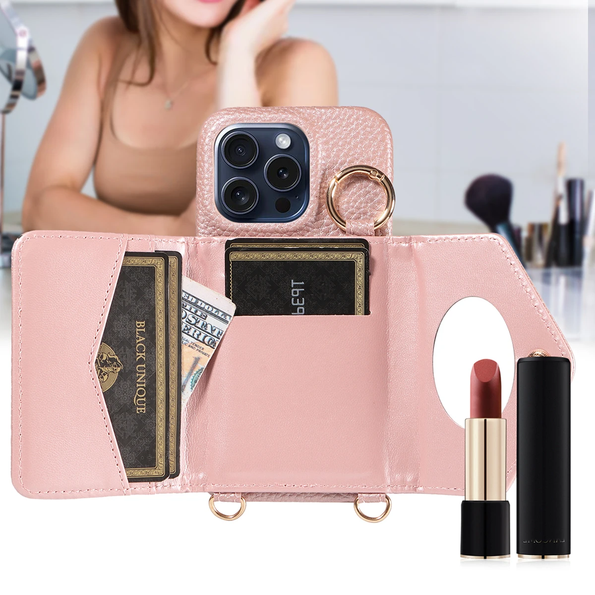 Elegant Leather Phone Case with Long Lanyard and Mirror - Anti-Drop Protection