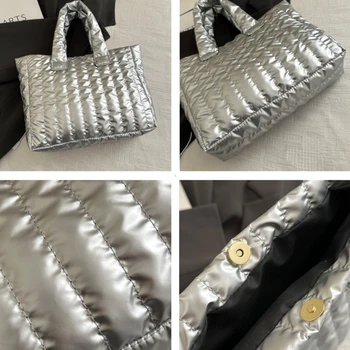 Borsa Tote Donna Grande Capacità 2026, Elegante Borsa a Mano alla Moda per Uso Quotidiano, Imbottita in Cotone e PU Tinta Unita, Casual