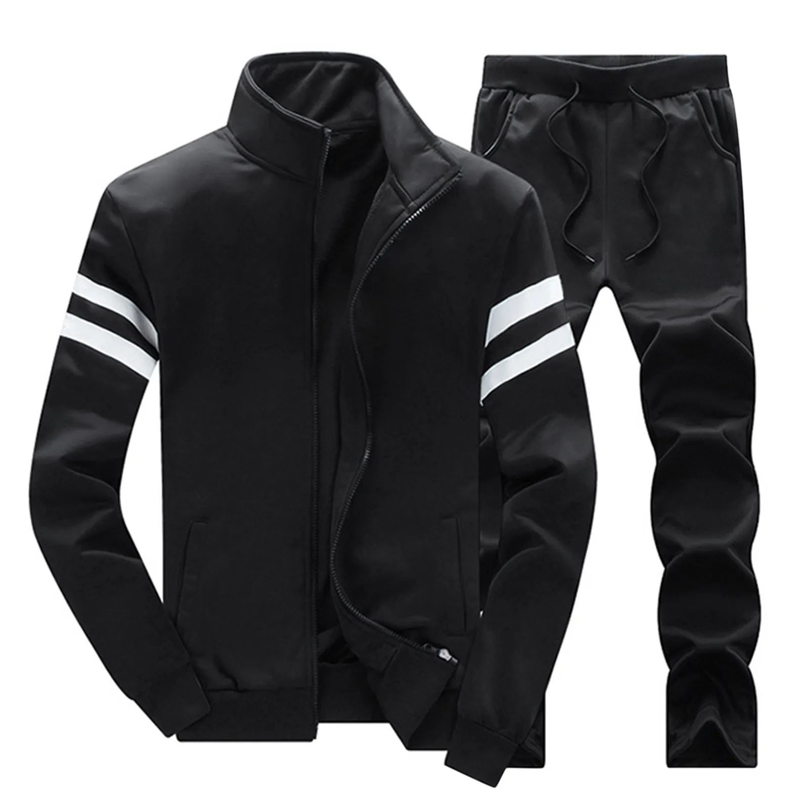 

Men Hoodie-Set Hooded Korean Sweetshirts Stripe Graphic Sportswear Casual Sweatpants 2-Pieces Zipper Hoody Jumper Top Sudaderas