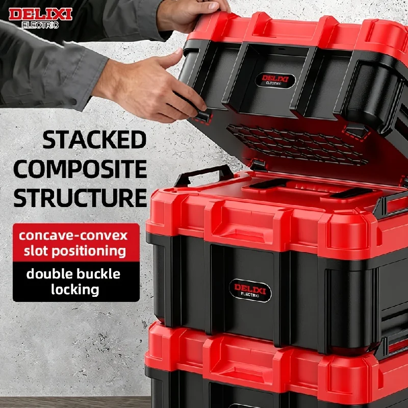 DELIXI ELECTRIC Stackable Tool Box with Detachable Trolley and Secure Double Buckles