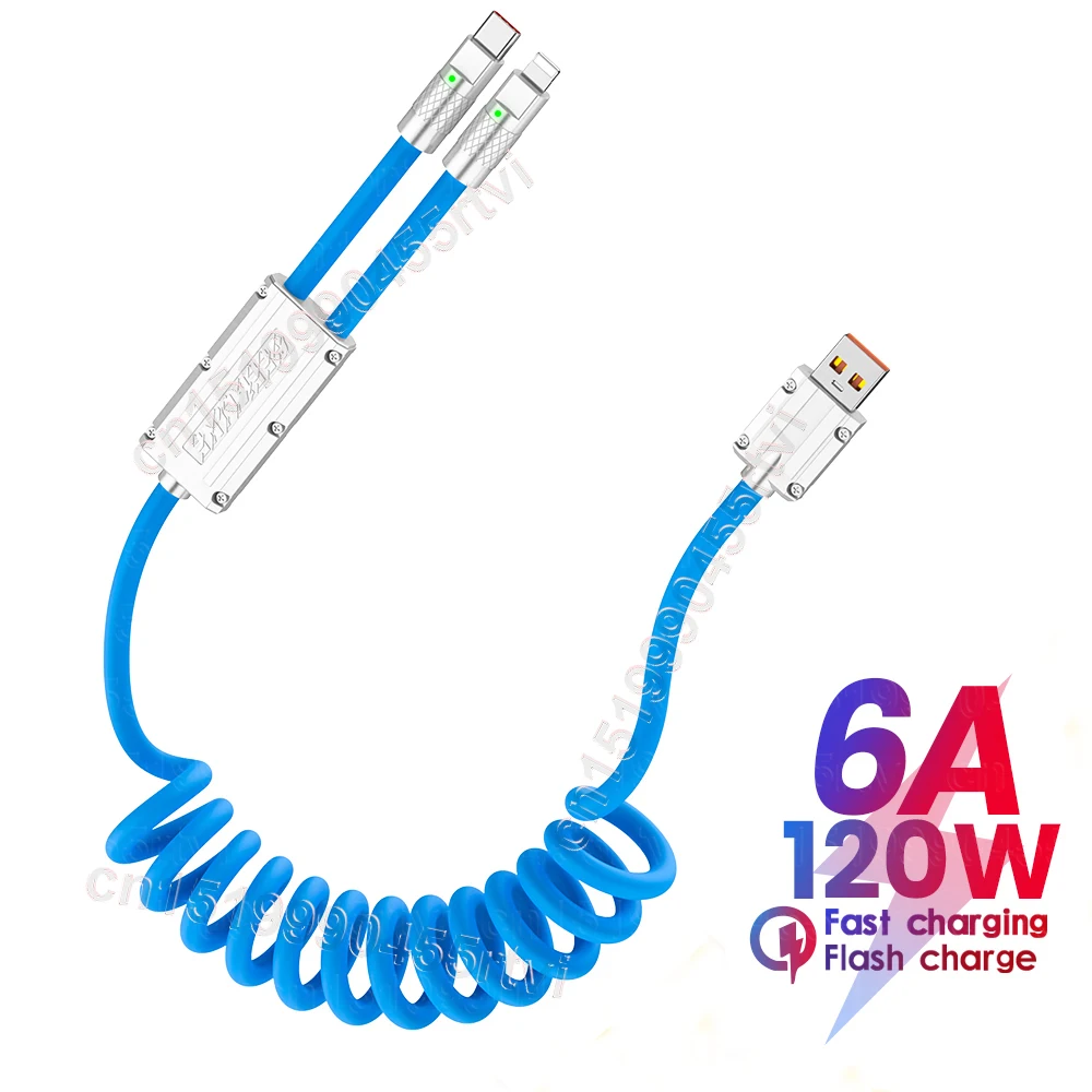 

6A 120W Spring Fast Charging Cable Scalable TypeC 8-pin Charging Cable Suitable For Huawei Samsung Xiaomi iPhone Wires
