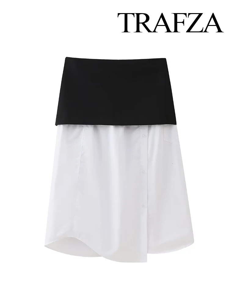 

TRAFZA Women New Fashion Chic Asymmetric High Waisted Zipper Long Skirt Woman Casual Black White Patchwork Slit Hem Midi Skirt