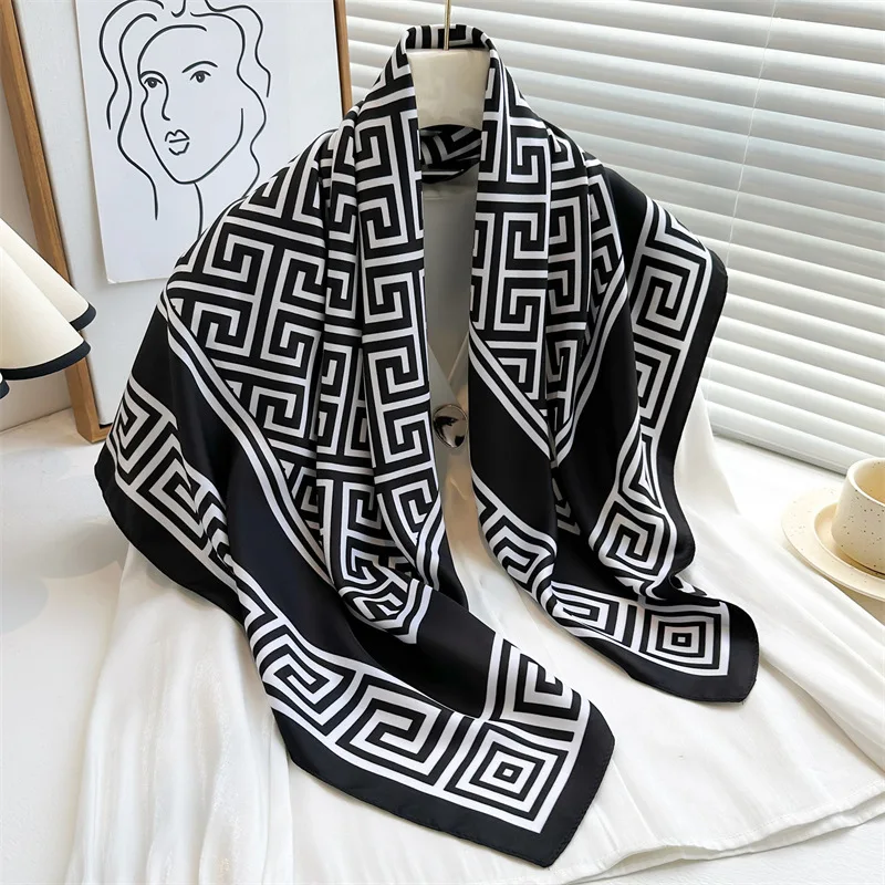 Luxury Fashion Printed Satin Scarf – 90x90CM Square Shawl, Elegant Headscarf, Beach Sun Protection Bandana Safety Accessories Scarves & sarongs