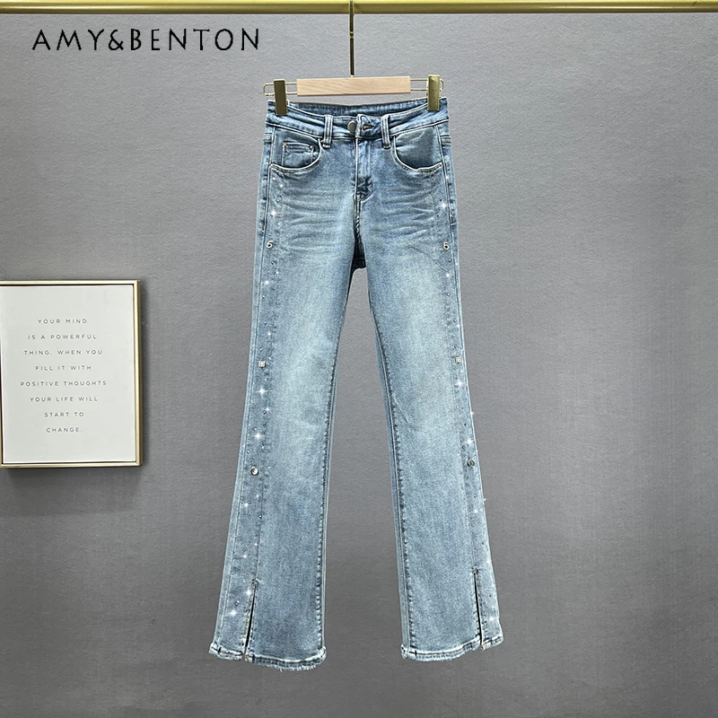 Split Jeans Women's Trousers 2024 Spring Cotton Elastic High Waist Slimming Rhinestone Bootcut Denim Trousers Y2k Pants Female