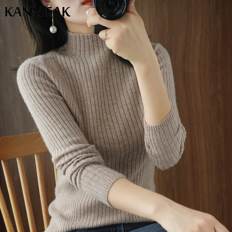 Womens Sweater Solid Mock Neck Inner Bottoming Shirt Korean Slim Fit Stretch Pullovers Autumn Winter Casual Knitted Warm Jumpers 2
