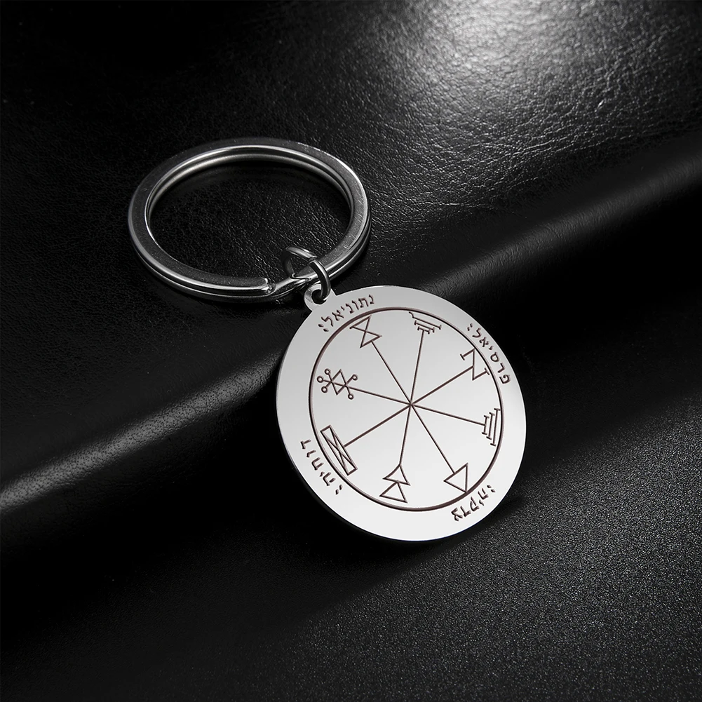 Dawapara Schlüssel von Solomon Seal Schlüsselanhänger, gravierter runder Pentagramm-Anhänger aus Edelstahl, Reichtumsschutz, Amulett-Schlüsselanhänger – Detail 24