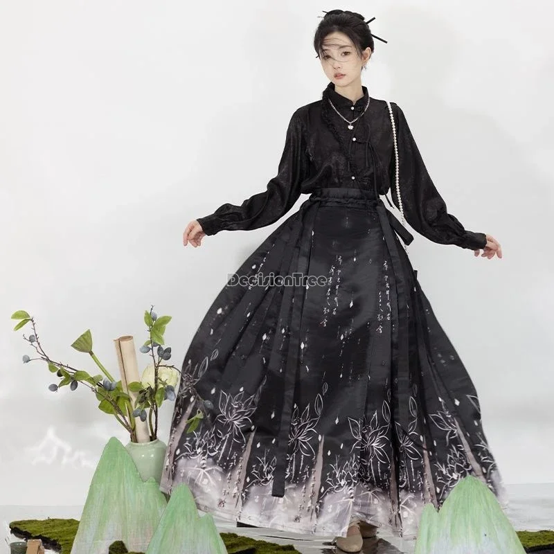 

2024 chinese ancient folk dance temperament hanfu set fairy lotus printing horse face skirt improved daily ming dynasty hanfu