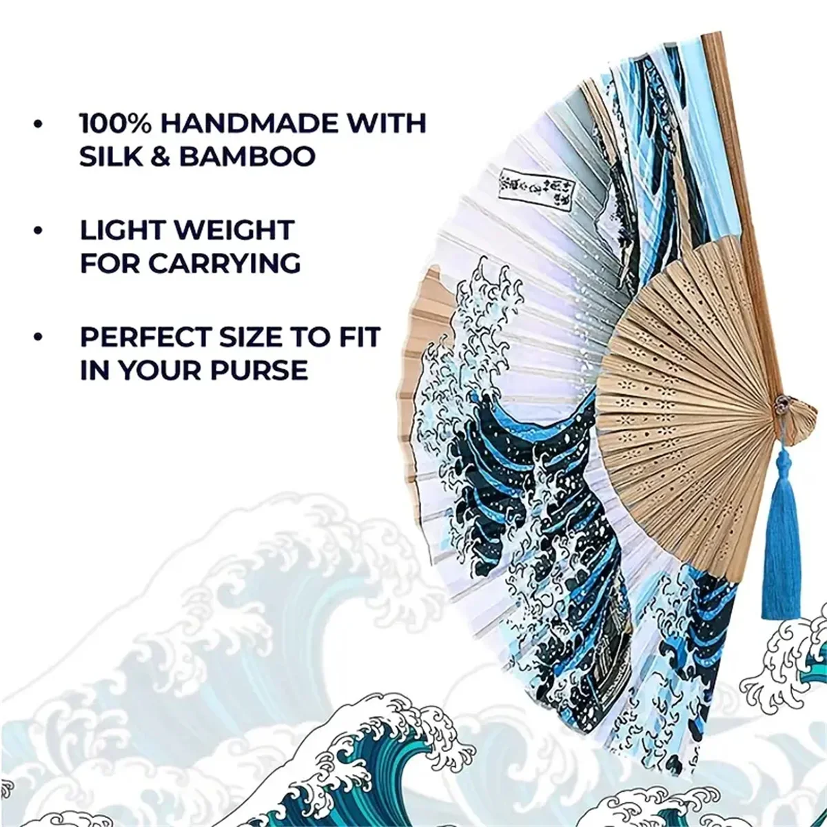 1pc, Japanese Folding Fan Handmade Decorative Kanagawa Wave Foldable Fan thumbnail 6