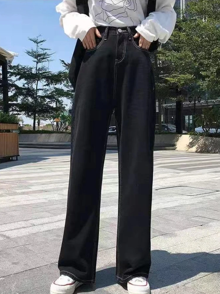 여성용 블랙 청바지 와이드 레그 스트리트웨어, 심플한 올매치 한국 패션, 인기 있는 젊은 용수철 하이 웨이스트 바지, 데일리 캐주얼 인스타