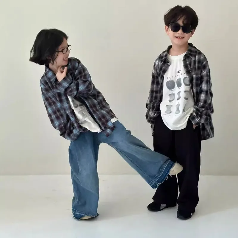 Autumn sibling clothes Korean style Boys and girls Flocking plaid shirts Children's casual all-match loose long sleeve Tops